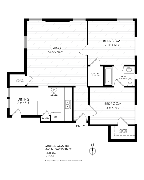 Floor plan for 2 beds, 1 bath, 915 sqft